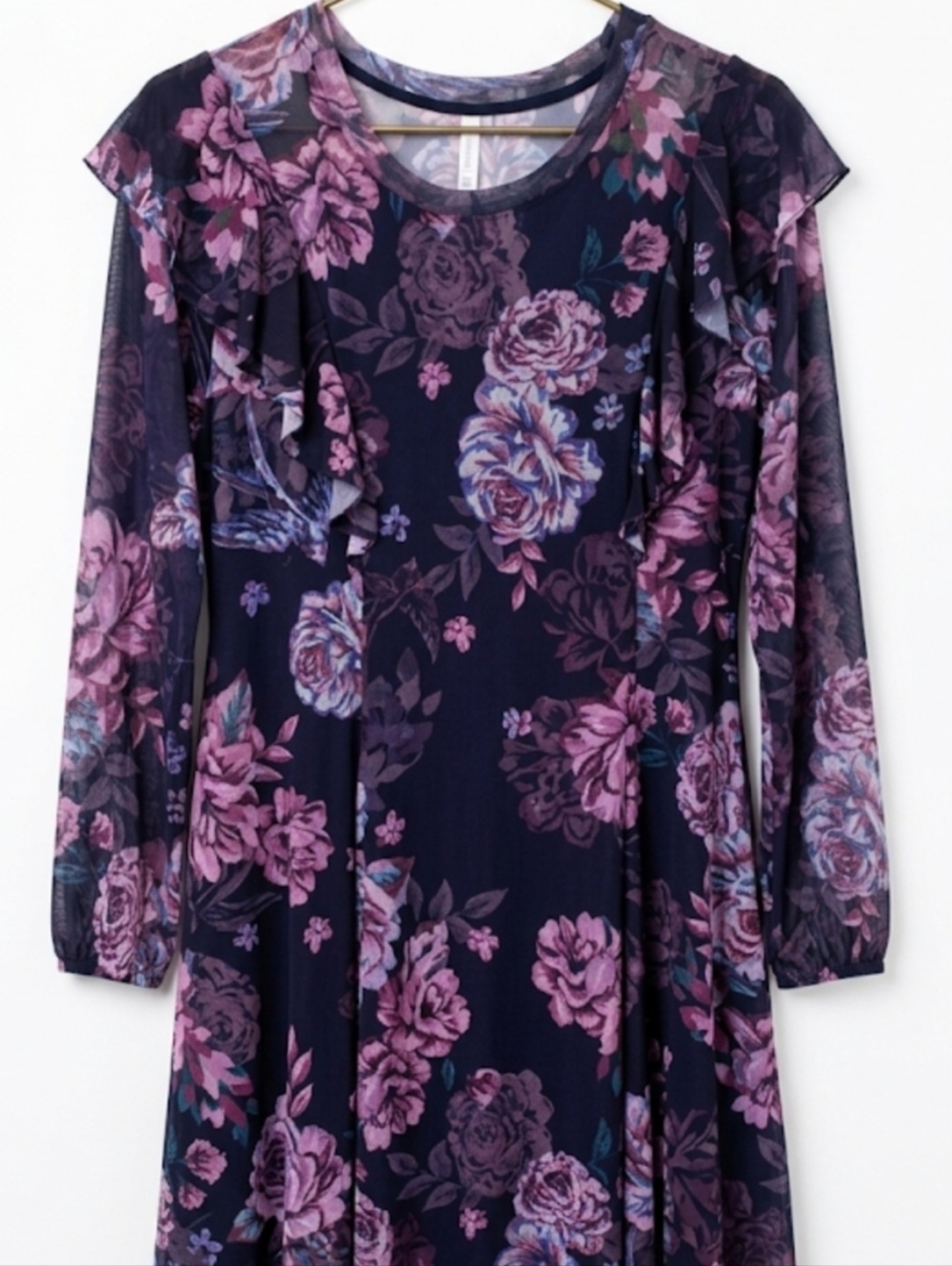 Xhilaration Navy Purple Floral Mesh Ruffle Long Sleeve Knee Length Dress 3X - Picture 2 of 6